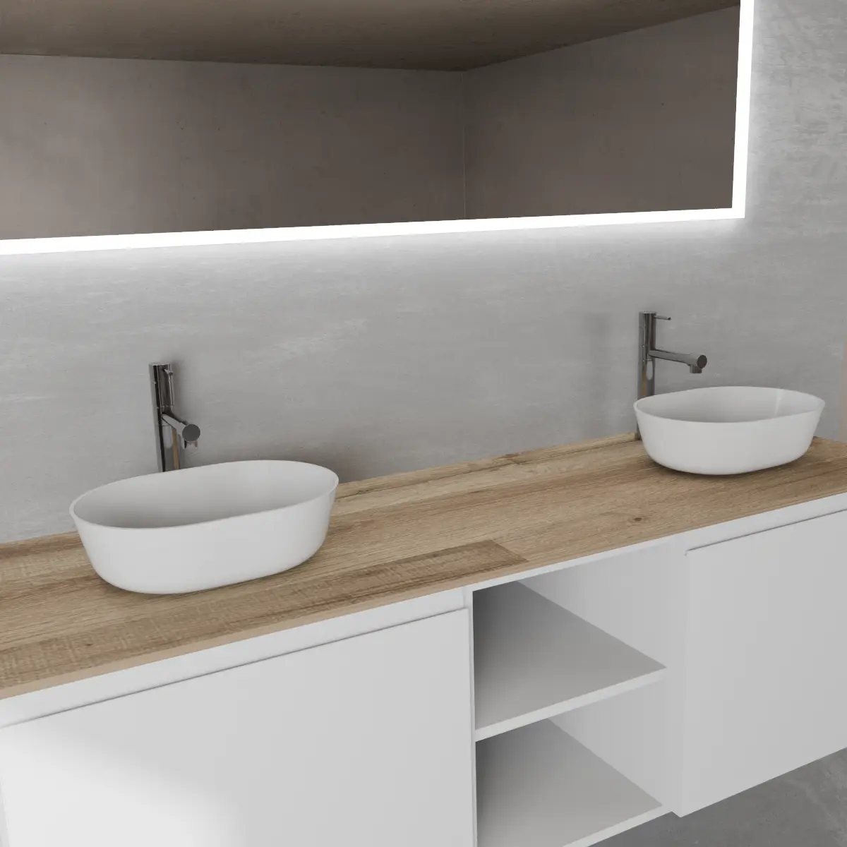 Meuble largeur 160 cm, profondeur 51 cm, façades et structure en laqué mat RAL9016, poignée B, top hpl rovere antico, vasque à poser en ocritech blanc. Miroir rectangulaire avec éclairage LED frontal le long du périmètre., connexion électrique à effectuer à un interrupteur mural; épaisseur : 2 cm.
