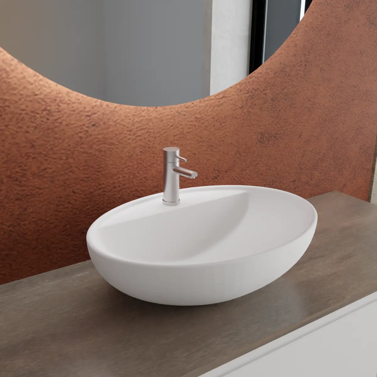 Meuble largeur 120cm, profondeur 51 cm, façades et structure en laqué mat RAL9016, poignée A , top hpl ruggine, vasque à poser code article SOFTLY60 en  ceramica blanc. Miroir rond, disponible sans rétroéclairage ou avec rétroéclairage périmétrique et capteur tactile latéral en bas à droite; épaisseur : 2 cm.