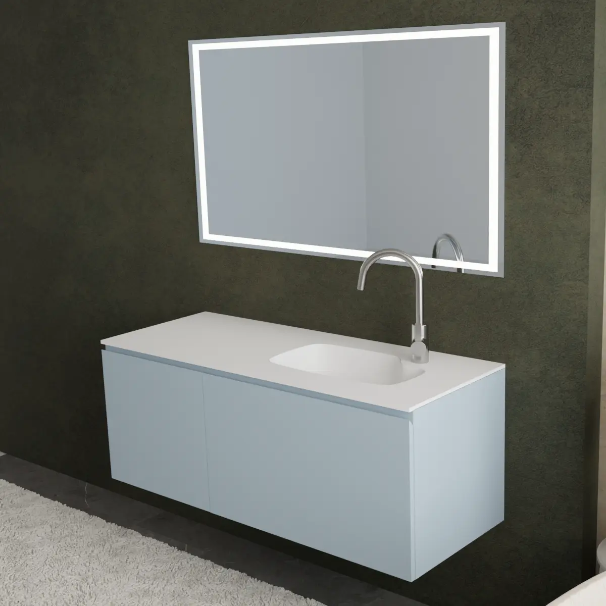 Meuble largeur 130cm, profondeur 51 cm, façades et structure en laqué mat FB 89, poignée A , vasque intégrée code article SHAPED B186 en  tecnoril blanc. Miroir rectangulaire avec éclairage LED frontal le long du périmètre, connexion électrique à effectuer à un interrupteur mural; épaisseur : 2 cm.