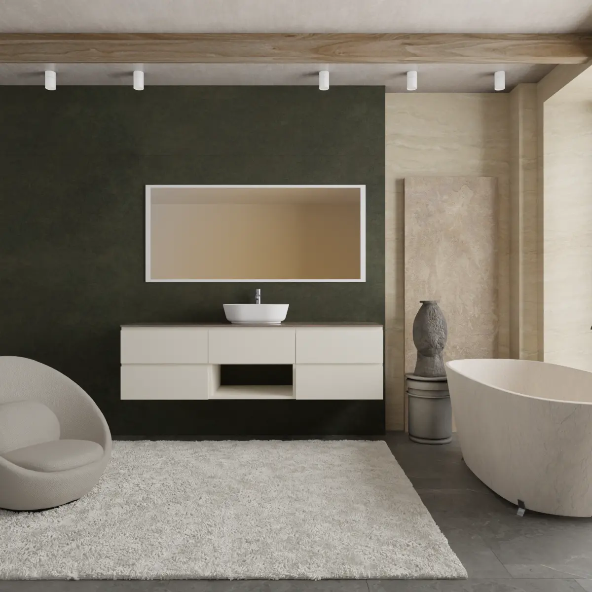 Meuble largeur 170cm, profondeur 51 cm, façades et structure en laqué mat RAL9001, poignée A , top hpl ruggine, vasque à poser code article PF1340 en  ocritech blanc. Miroir rectangulaire avec éclairage LED frontal le long du périmètre., connexion électrique à effectuer à un interrupteur mural; épaisseur : 2 cm.
