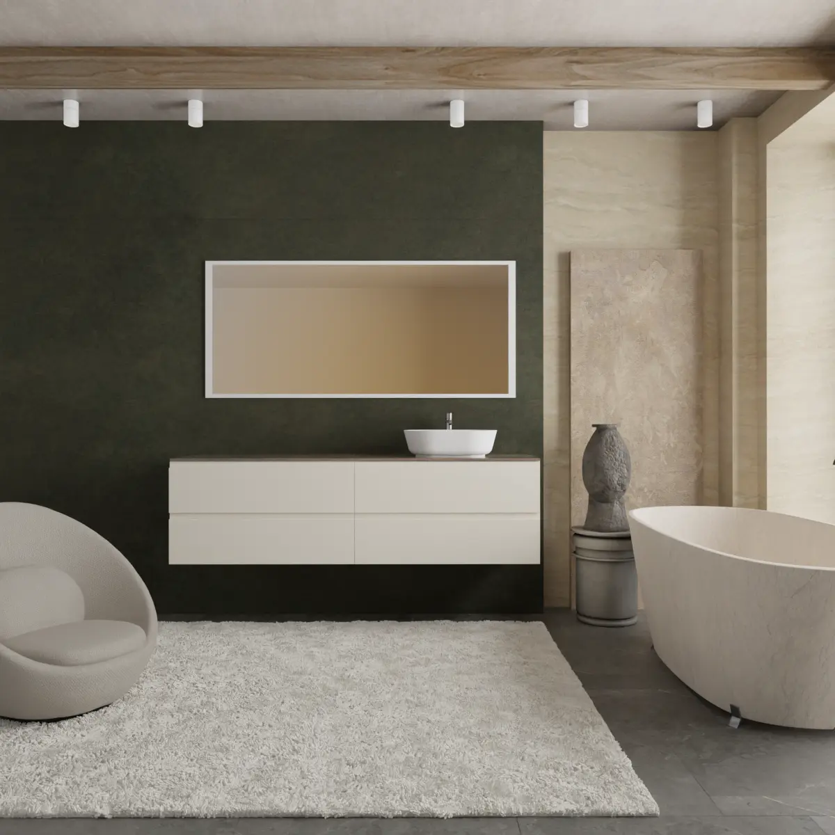 Meuble largeur 170cm, profondeur 51 cm, façades et structure en laqué mat RAL9001, poignée B , top hpl ruggine, vasque à poser code article PF1340 en  ocritech blanc. Miroir rectangulaire avec éclairage LED frontal le long du périmètre., connexion électrique à effectuer à un interrupteur mural; épaisseur : 2 cm.