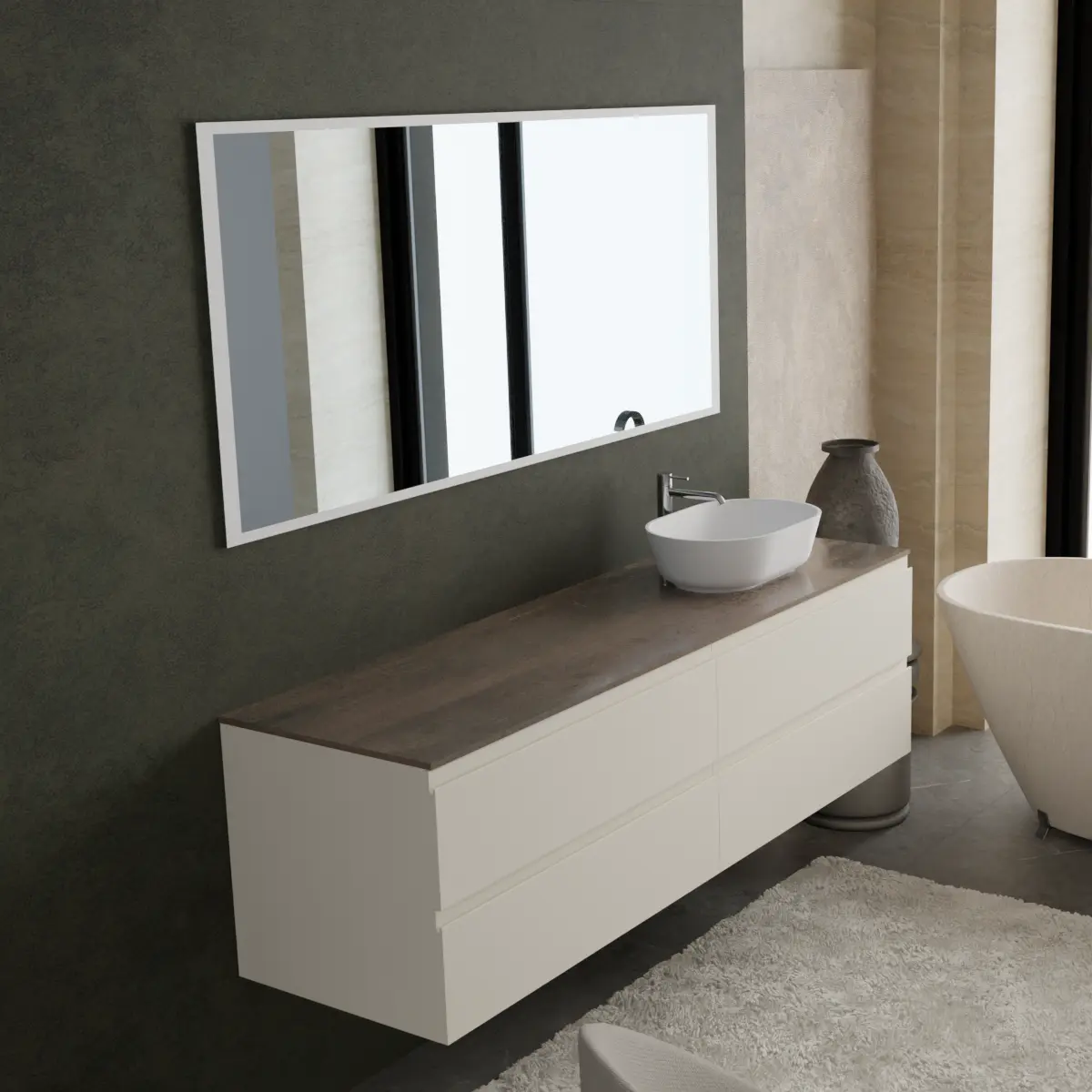 Meuble largeur 170cm, profondeur 51 cm, façades et structure en laqué mat RAL9001, poignée B , top hpl ruggine, vasque à poser code article PF1340 en  ocritech blanc. Miroir rectangulaire avec éclairage LED frontal le long du périmètre., connexion électrique à effectuer à un interrupteur mural; épaisseur : 2 cm.