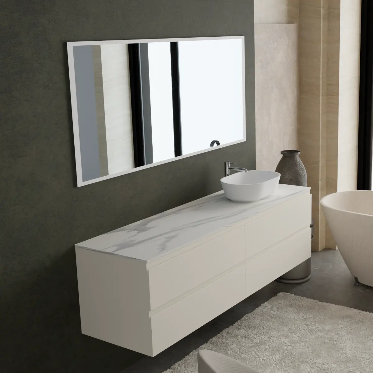 Meuble largeur 170cm, profondeur 51 cm, façades et structure en laqué mat RAL9001, poignée B , top hpl calacatta, vasque à poser code article PF1340 en  ocritech blanc. Miroir rectangulaire avec éclairage LED frontal le long du périmètre., connexion électrique à effectuer à un interrupteur mural; épaisseur : 2 cm.