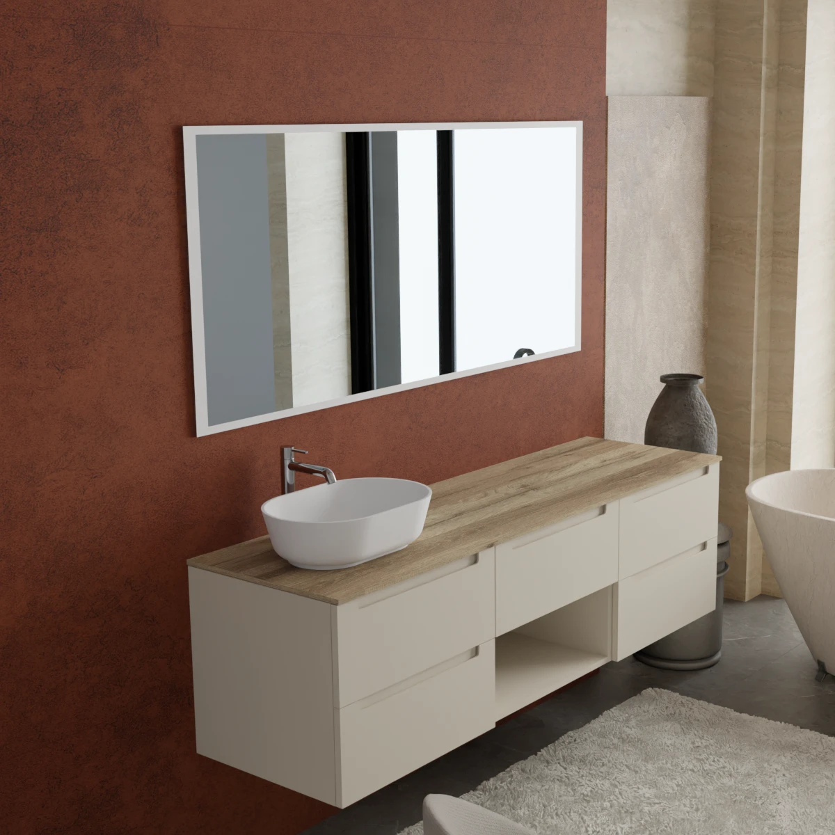 Meuble largeur 180 cm, profondeur 51 cm, façades et structure en laqué mat RAL1013, poignée F, top hpl rovere antico, vasque à poser en ocritech blanc. Miroir rectangulaire avec éclairage LED frontal le long du périmètre., connexion électrique à effectuer à un interrupteur mural; épaisseur : 2 cm.