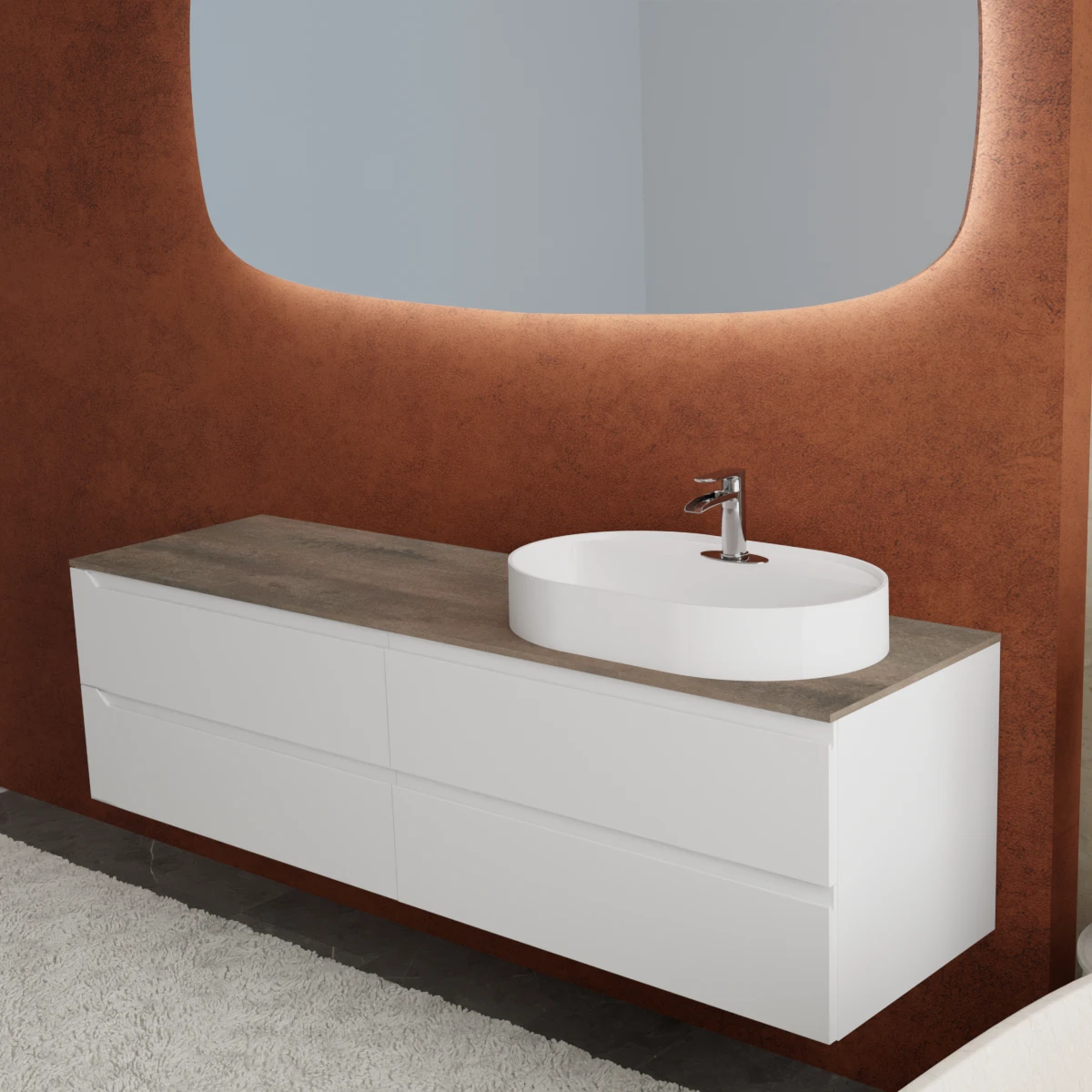 Meuble largeur 180 cm, profondeur 51 cm, façades et structure en laqué mat RAL7044, poignée E, top hpl oriental, MIROIR sail180l, vasque à poser en Céramique blanc. 