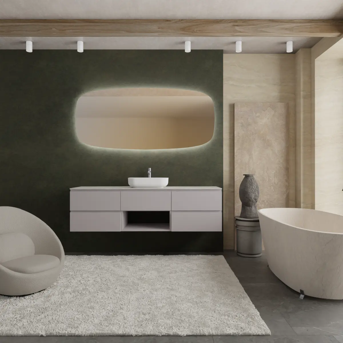 Meuble largeur 180cm, profondeur 51 cm, façades et structure en laqué mat NCS S 3005 R20B, poignée A, top hpl argilla, vasque à poser code article PF1440 en  ocritech blanc. Miroir de forme spéciale avec bords arrondis, disponible sans rétroéclairage ou avec rétroéclairage sur les 4 côtés et capteur tactile latéral en bas à droite du miroir; épaisseur : 2,5 cm.