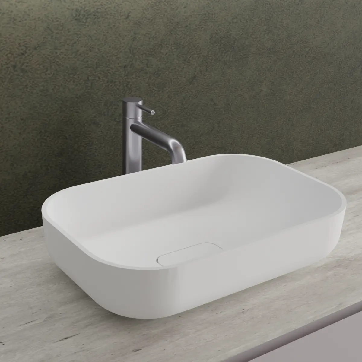 Meuble largeur 180cm, profondeur 51 cm, façades et structure en laqué mat NCS S 3005 R20B, poignée A, top hpl argilla, vasque à poser code article PF1440 en  ocritech blanc. Miroir de forme spéciale avec bords arrondis, disponible sans rétroéclairage ou avec rétroéclairage sur les 4 côtés et capteur tactile latéral en bas à droite du miroir; épaisseur : 2,5 cm.