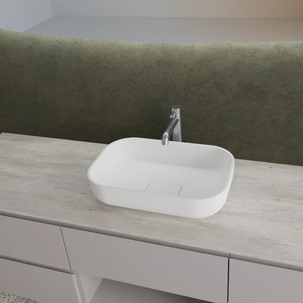 Meuble largeur 180cm, profondeur 51 cm, façades et structure en laqué mat NCS S 3005 R20B, poignée A, top hpl argilla, vasque à poser code article PF1440 en  ocritech blanc. Miroir de forme spéciale avec bords arrondis, disponible sans rétroéclairage ou avec rétroéclairage sur les 4 côtés et capteur tactile latéral en bas à droite du miroir; épaisseur : 2,5 cm.