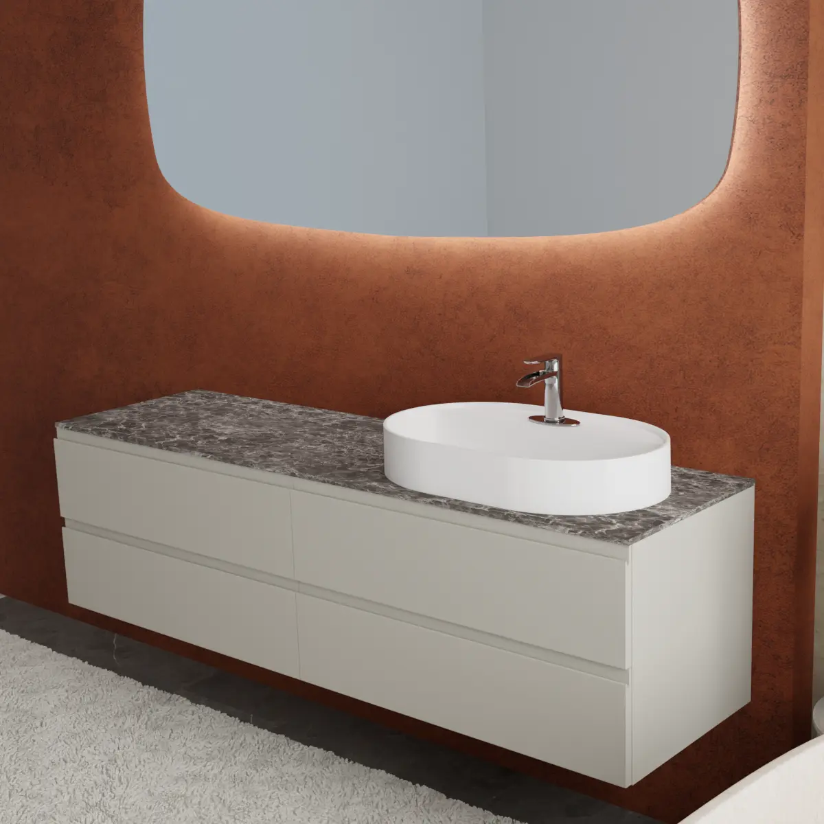 Meuble largeur 180cm, profondeur 51 cm, façades et structure en laqué mat RAL7044, poignée B, top hpl oriental, vasque à poser code article LOVELY70 en  ceramica blanc. Miroir de forme spéciale avec bords arrondis, disponible sans rétroéclairage ou avec rétroéclairage sur les 4 côtés et capteur tactile latéral en bas à droite du miroir; épaisseur : 2,5 cm.