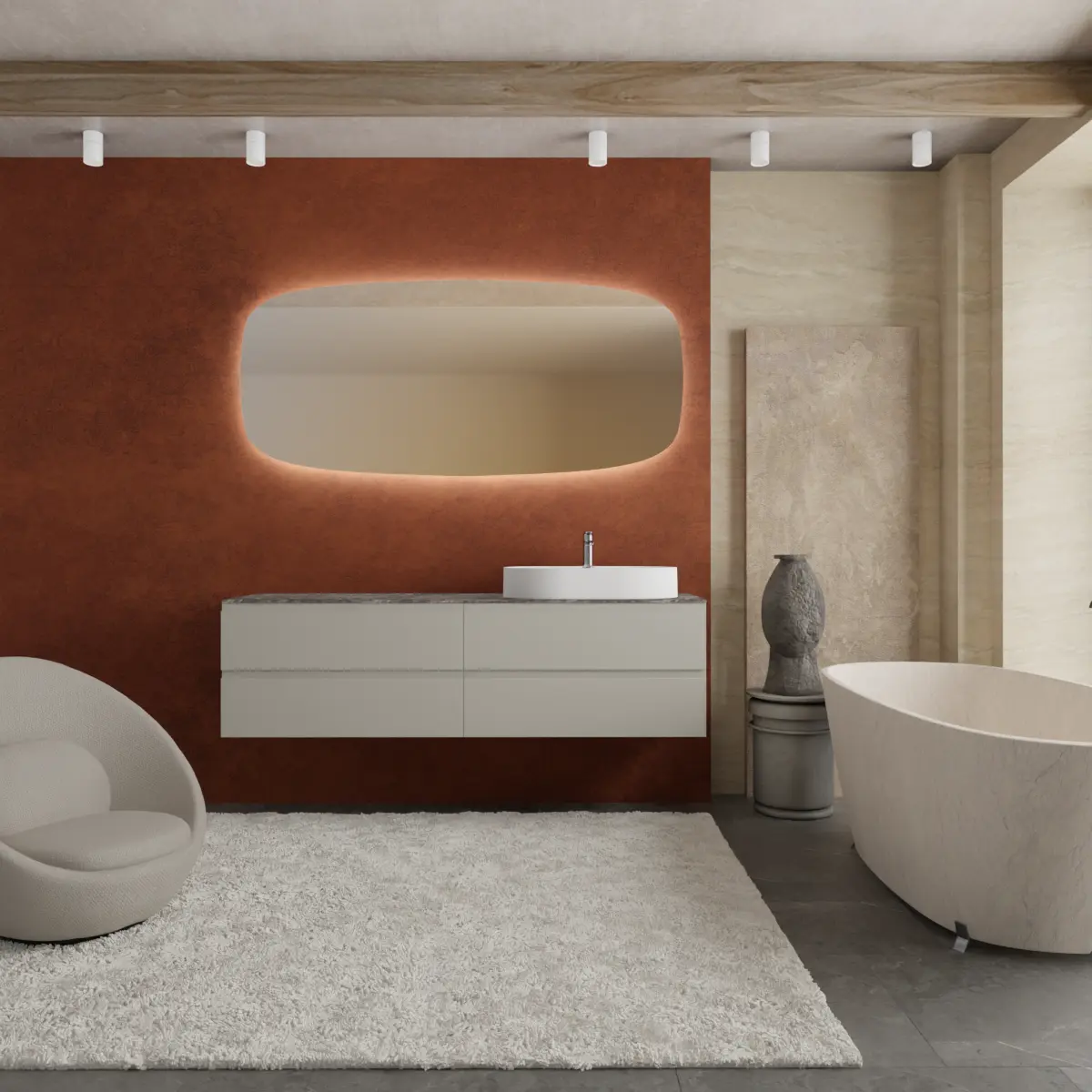 Meuble largeur 180cm, profondeur 51 cm, façades et structure en laqué mat RAL7044, poignée B, top hpl oriental, vasque à poser code article LOVELY70 en  ceramica blanc. Miroir de forme spéciale avec bords arrondis, disponible sans rétroéclairage ou avec rétroéclairage sur les 4 côtés et capteur tactile latéral en bas à droite du miroir; épaisseur : 2,5 cm.