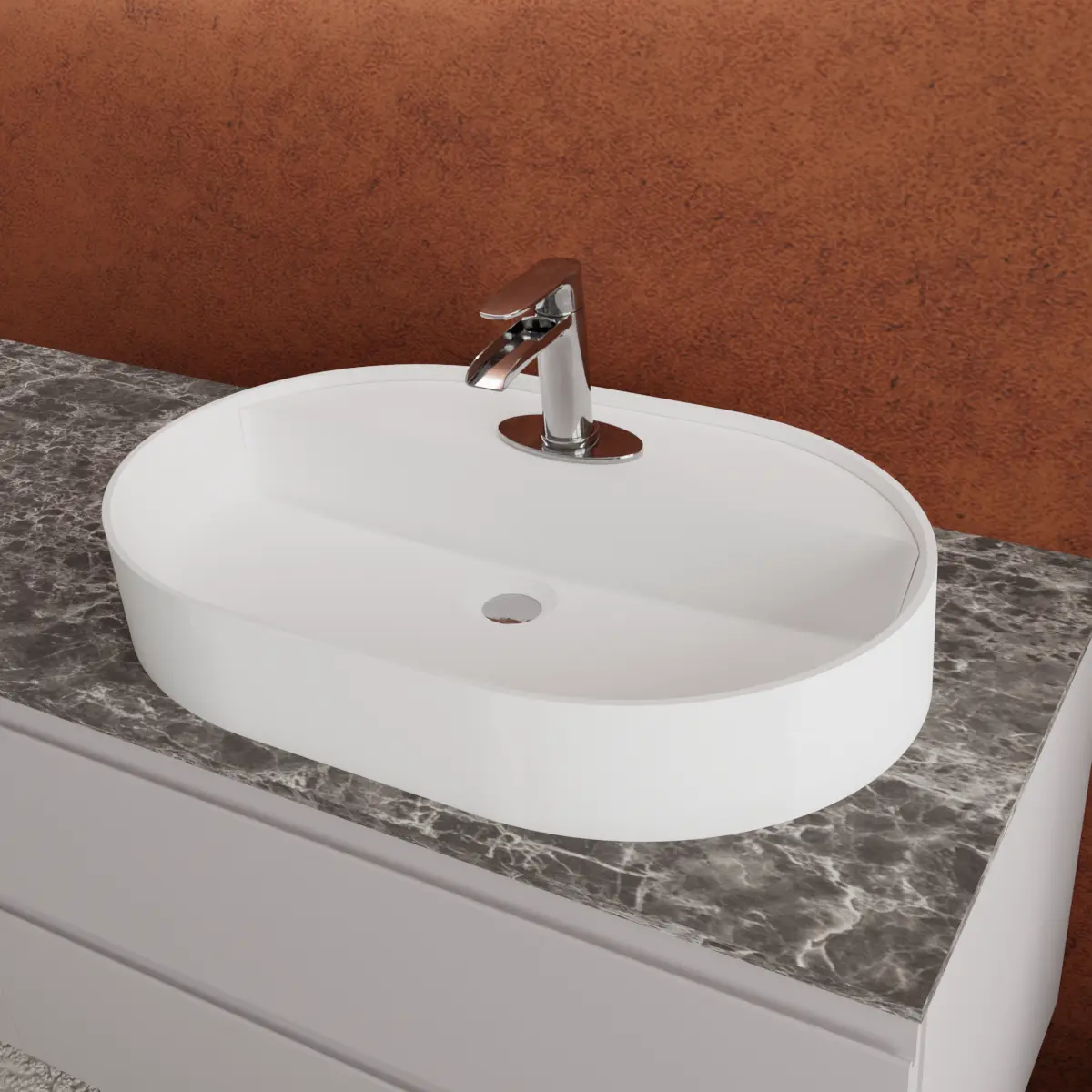 Meuble largeur 180cm, profondeur 51 cm, façades et structure en laqué mat RAL9003, poignée B, top hpl oriental, vasque à poser code article LOVELY70 en  ceramica blanc. Miroir de forme spéciale avec bords arrondis, disponible sans rétroéclairage ou avec rétroéclairage sur les 4 côtés et capteur tactile latéral en bas à droite du miroir; épaisseur : 2,5 cm.