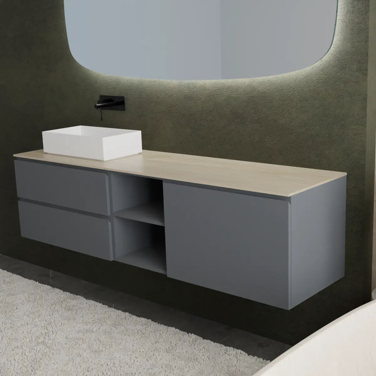 Meuble largeur 190cm, profondeur 51 cm, façades et structure en laqué mat RAL7015, poignée A, top hpl travertino, vasque à poser code article CITY29 en  tecnoril blanc. Miroir de forme spéciale avec bords arrondis, disponible sans rétroéclairage ou avec rétroéclairage sur les 4 côtés et capteur tactile latéral en bas à droite du miroir; épaisseur : 2,5 cm.