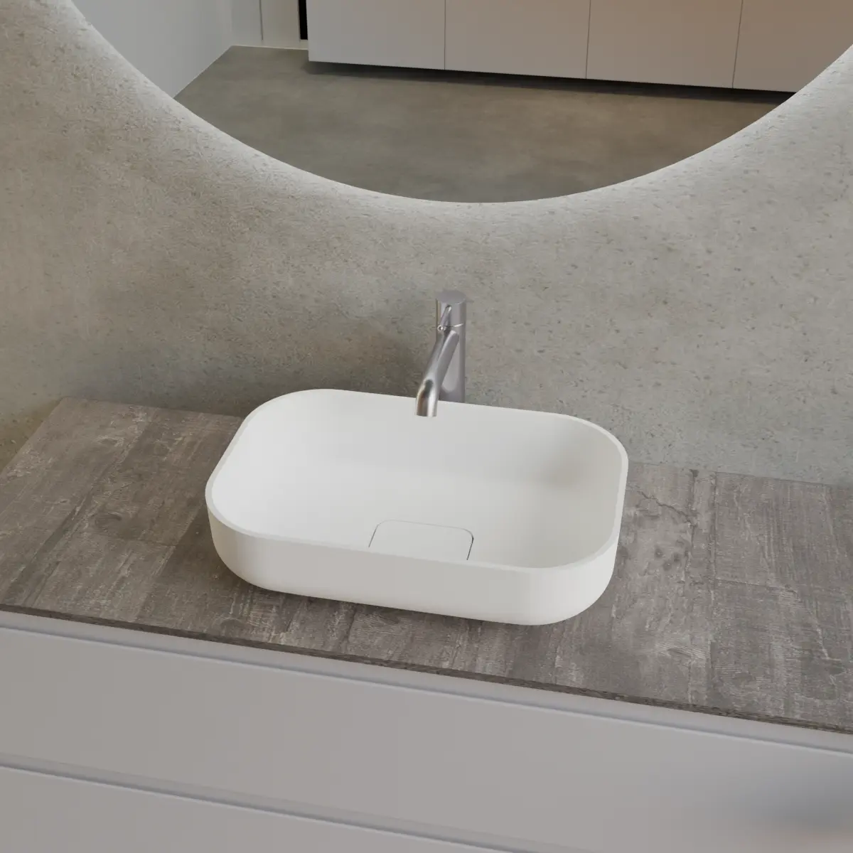 Meuble largeur 120cm, profondeur 46 cm, façades et structure en laqué mat NCS S 2005 R50B, poignée B, , vasque à poser code article PF1440 en  ocritech blanc. Miroir rond, disponible sans rétroéclairage ou avec rétroéclairage périmétrique et capteur tactile latéral en bas à droite; épaisseur : 2 cm.