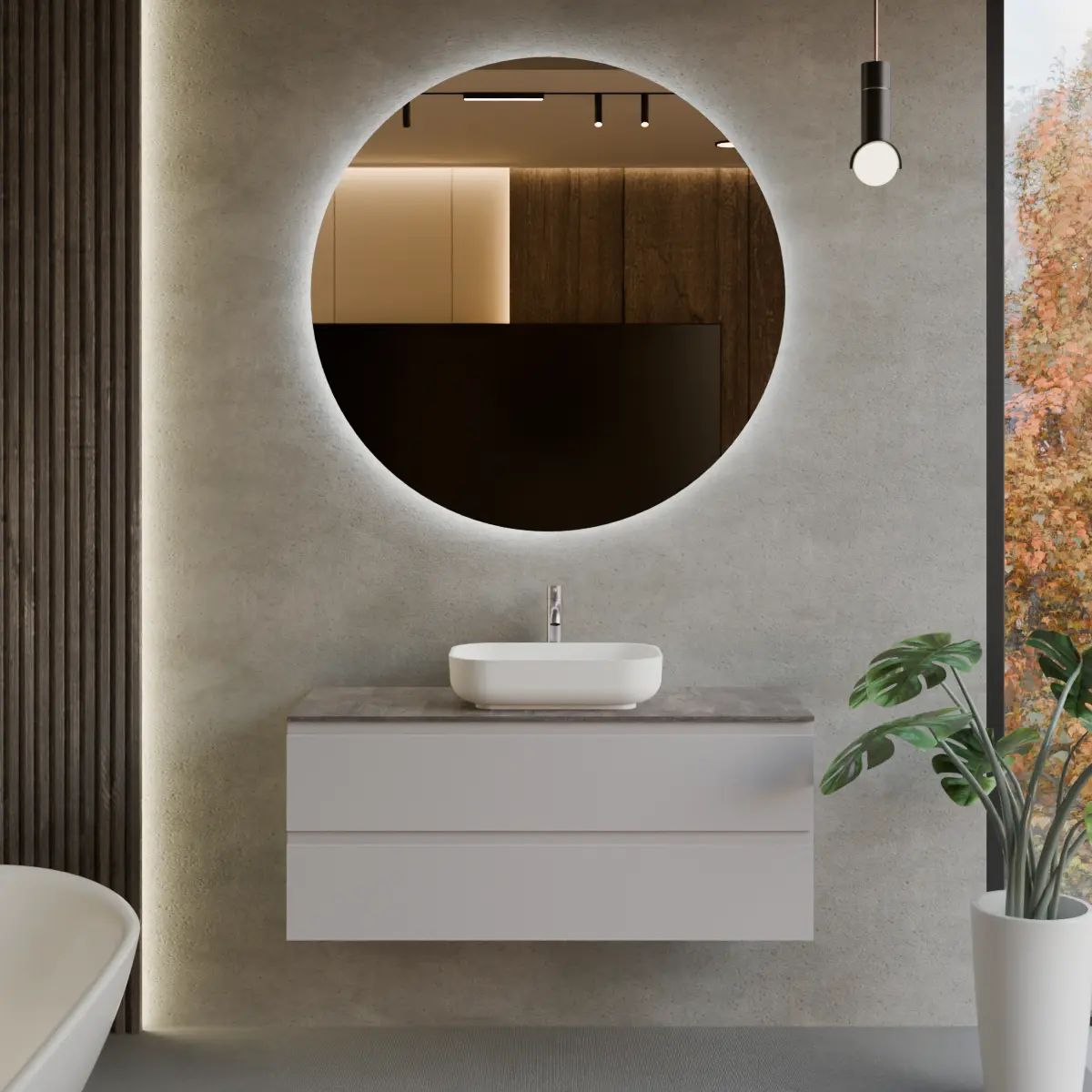 Meuble largeur 120cm, profondeur 46 cm, façades et structure en laqué mat NCS S 2005 R50B, poignée B, , vasque à poser code article PF1440 en  ocritech blanc. Miroir rond, disponible sans rétroéclairage ou avec rétroéclairage périmétrique et capteur tactile latéral en bas à droite; épaisseur : 2 cm.