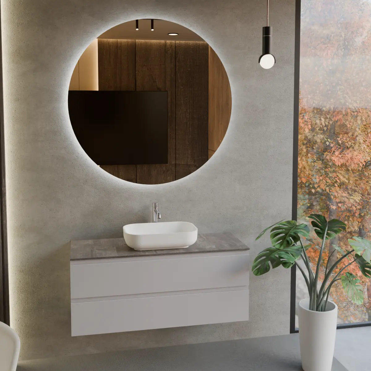 Meuble largeur 120cm, profondeur 46 cm, façades et structure en laqué mat NCS S 2005 R50B, poignée B, , vasque à poser code article PF1440 en  ocritech blanc. Miroir rond, disponible sans rétroéclairage ou avec rétroéclairage périmétrique et capteur tactile latéral en bas à droite; épaisseur : 2 cm.