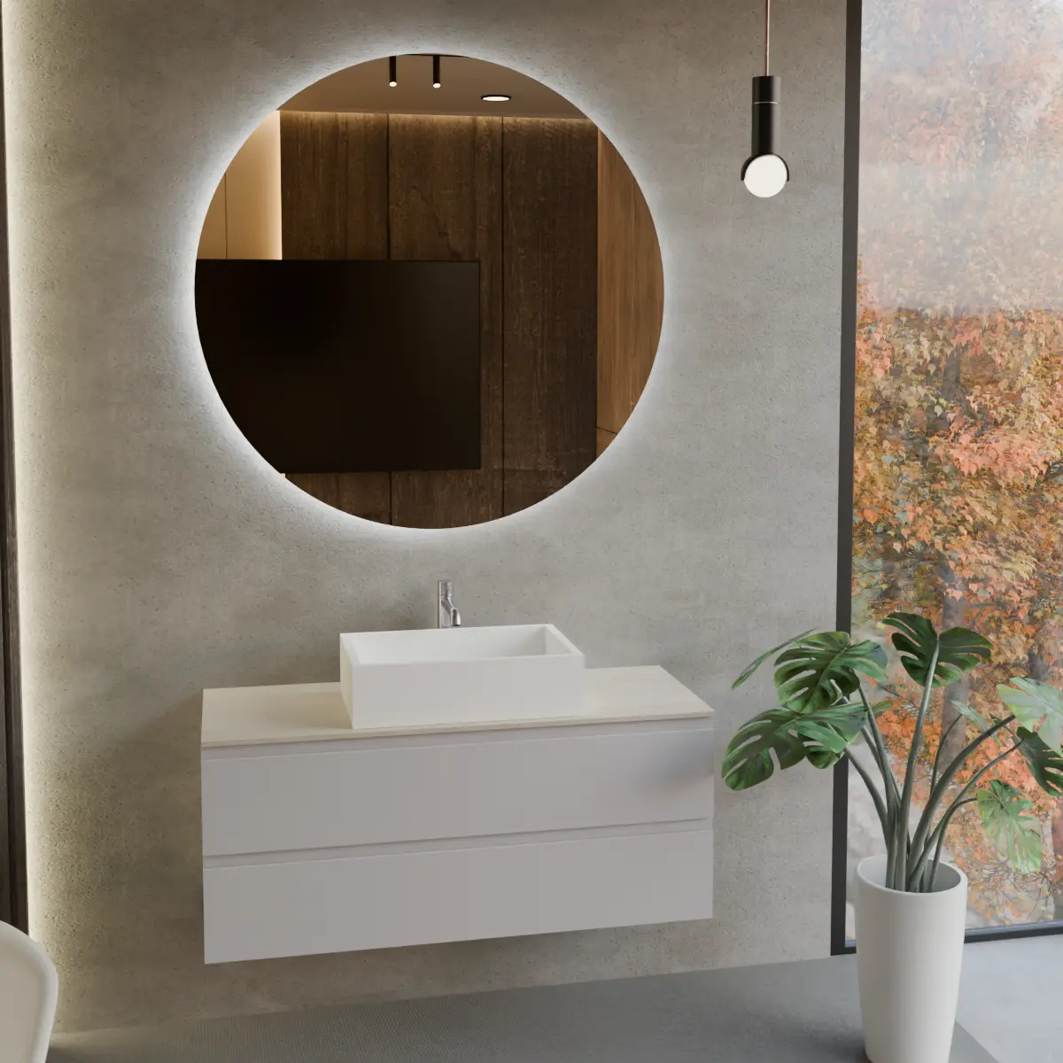 Meuble largeur 120cm, profondeur 46 cm, façades et structure en laqué mat NCS S 2005 R50B, poignée B, top hpl travertino, vasque à poser code article CITY en  tecnoril blanc. Miroir rond, disponible sans rétroéclairage ou avec rétroéclairage périmétrique et capteur tactile latéral en bas à droite; épaisseur : 2 cm.