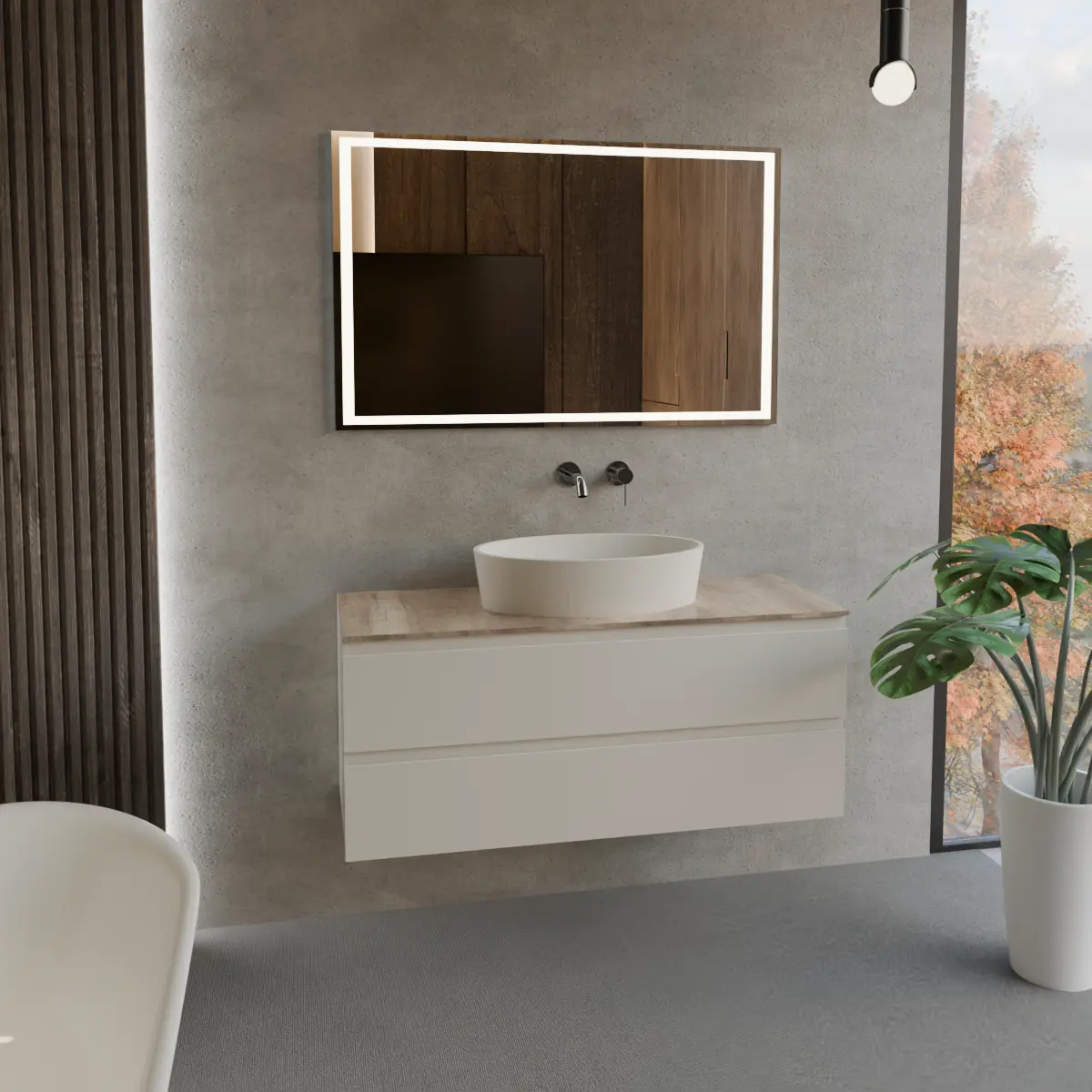 Meuble largeur 120cm, profondeur 46 cm, façades et structure en laqué mat RAL7047, poignée B, top hpl quercia, vasque à poser code article BELSIZE55 en  tekhnos RAL7047. Miroir rectangulaire avec éclairage LED frontal le long du périmètre, connexion électrique à effectuer à un interrupteur mural; épaisseur : 2 cm.