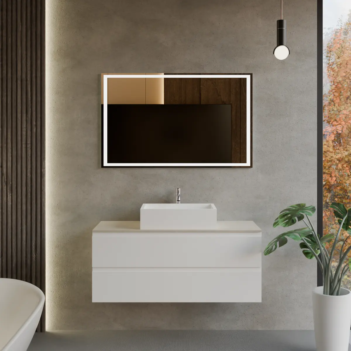 Meuble largeur 120cm, profondeur 46 cm, façades et structure en laqué mat RAL9003, poignée B, top hpl travertino, vasque à poser code article CITY en  tecnoril blanc. Miroir rectangulaire avec éclairage LED frontal le long du périmètre, connexion électrique à effectuer à un interrupteur mural; épaisseur : 2 cm.