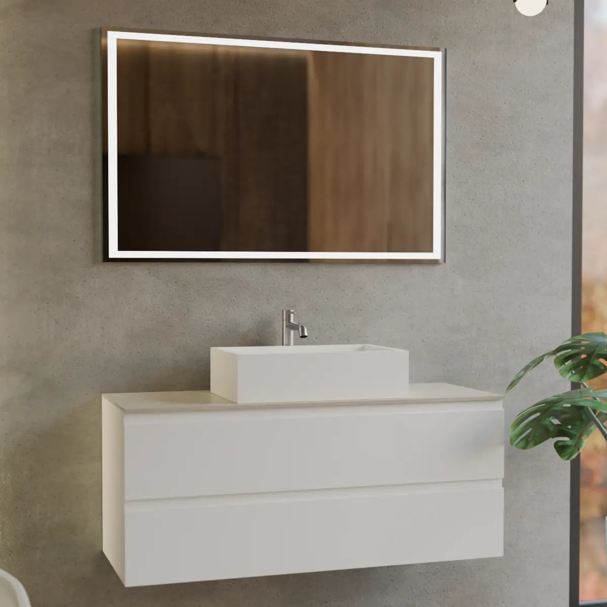 Meuble largeur 120cm, profondeur 46 cm, façades et structure en laqué mat RAL9003, poignée B, top hpl travertino, vasque à poser code article CITY en  tecnoril blanc. Miroir rectangulaire avec éclairage LED frontal le long du périmètre, connexion électrique à effectuer à un interrupteur mural; épaisseur : 2 cm.
