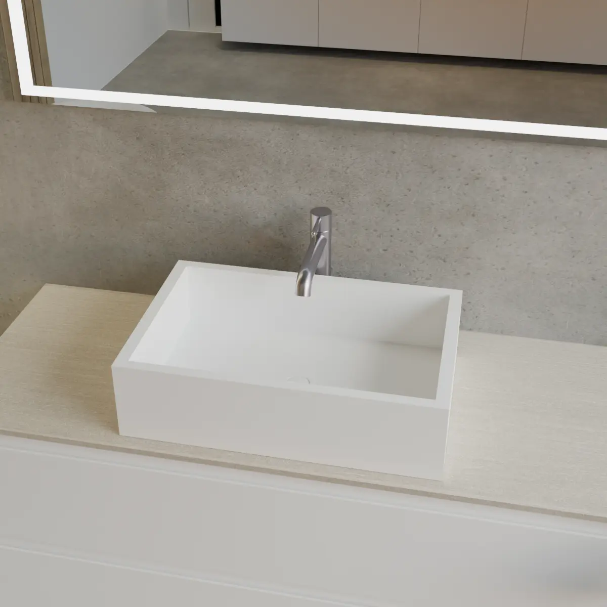 Meuble largeur 120cm, profondeur 46 cm, façades et structure en laqué mat RAL9003, poignée B, top hpl travertino, vasque à poser code article CITY en  tecnoril blanc. Miroir rectangulaire avec éclairage LED frontal le long du périmètre, connexion électrique à effectuer à un interrupteur mural; épaisseur : 2 cm.