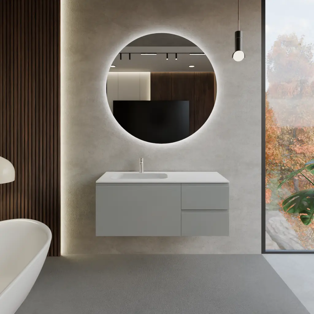 Meuble largeur 120cm, profondeur 51 cm, façades et structure en laqué mat RAL7042, poignée B, vasque intégrée code article GLOBO B224A en  tecnoril blanc. Miroir rond, disponible sans rétroéclairage ou avec rétroéclairage périmétrique et capteur tactile latéral en bas à droite; épaisseur : 2 cm.