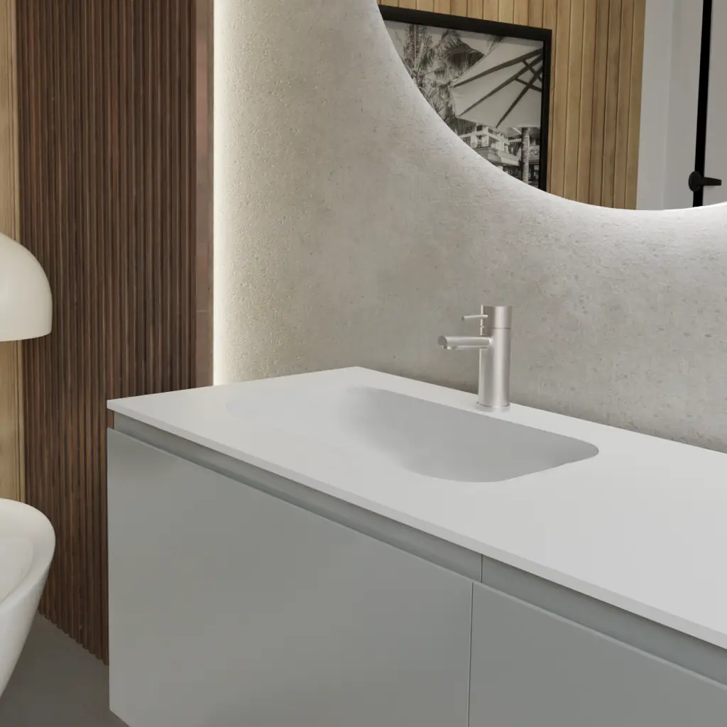 Meuble largeur 120cm, profondeur 51 cm, façades et structure en laqué mat RAL7042, poignée B, vasque intégrée code article GLOBO B224A en  tecnoril blanc. Miroir rond, disponible sans rétroéclairage ou avec rétroéclairage périmétrique et capteur tactile latéral en bas à droite; épaisseur : 2 cm.