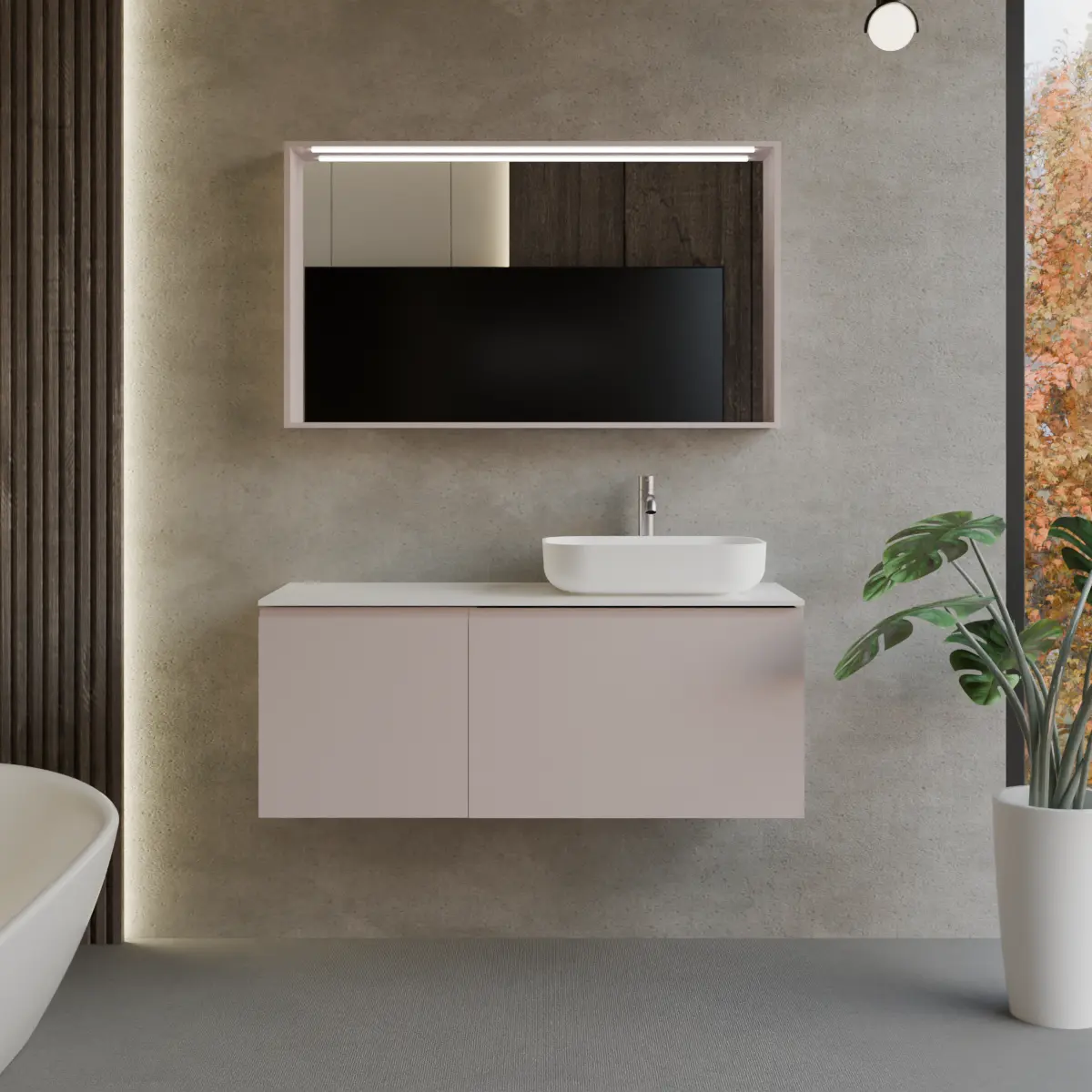 Meuble largeur 130cm, profondeur 46 cm, façades et structure en laqué mat FB 286 peignoir, poignée A, top tecnoril blanc, vasque à poser code article PF1440 en  ocritech blanc. Miroir avec cadre en bois, lumière LED supérieure et capteur tactile, finition stratifiée ou laquée mate assortie au meuble. Contactez-nous pour une couleur différente; épaisseur : 13 cm.