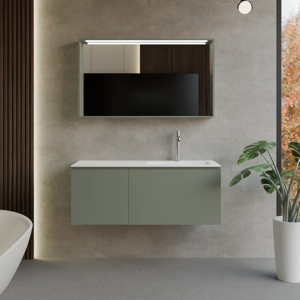 Meuble largeur 130cm, profondeur 46 cm, façades et structure en laqué mat RAL6021, poignée A, vasque intégrée code article CUBIK B343 en  tecnoril blanc. Miroir avec cadre en bois, lumière LED supérieure et capteur tactile, finition stratifiée ou laquée mate assortie au meuble. Contactez-nous pour une couleur différente; épaisseur : 13 cm.