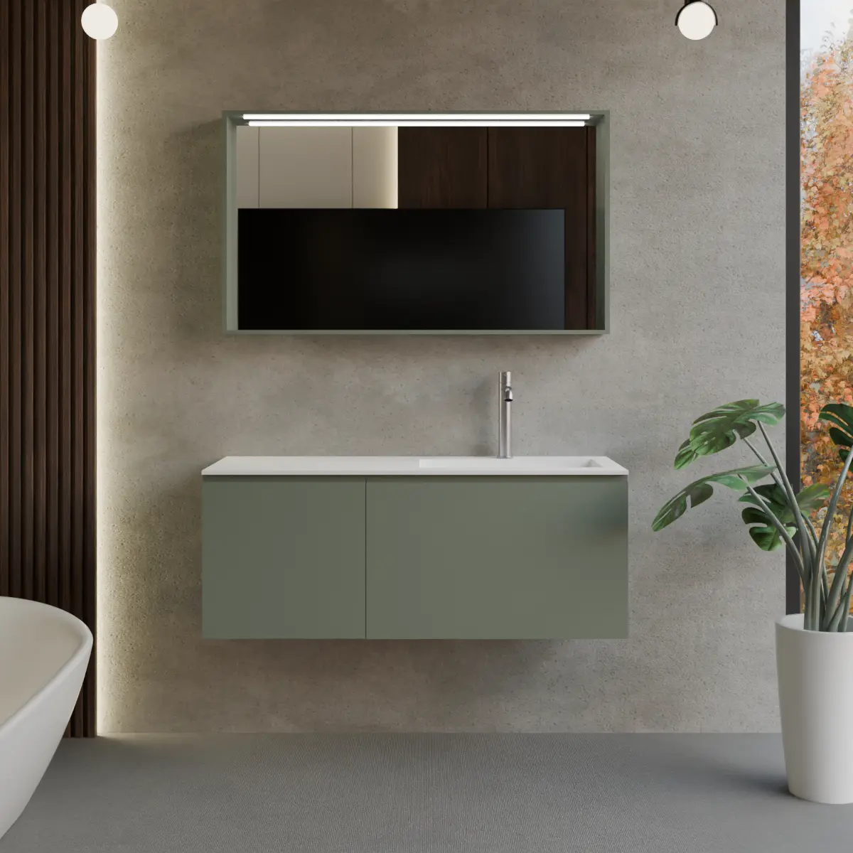 Meuble largeur 130cm, profondeur 46 cm, façades et structure en laqué mat fb47 green smoke, poignée A, vasque intégrée code article CUBIK B343 en  tecnoril blanc. Miroir avec cadre en bois, lumière LED supérieure et capteur tactile, finition stratifiée ou laquée mate assortie au meuble. Contactez-nous pour une couleur différente; épaisseur : 13 cm.