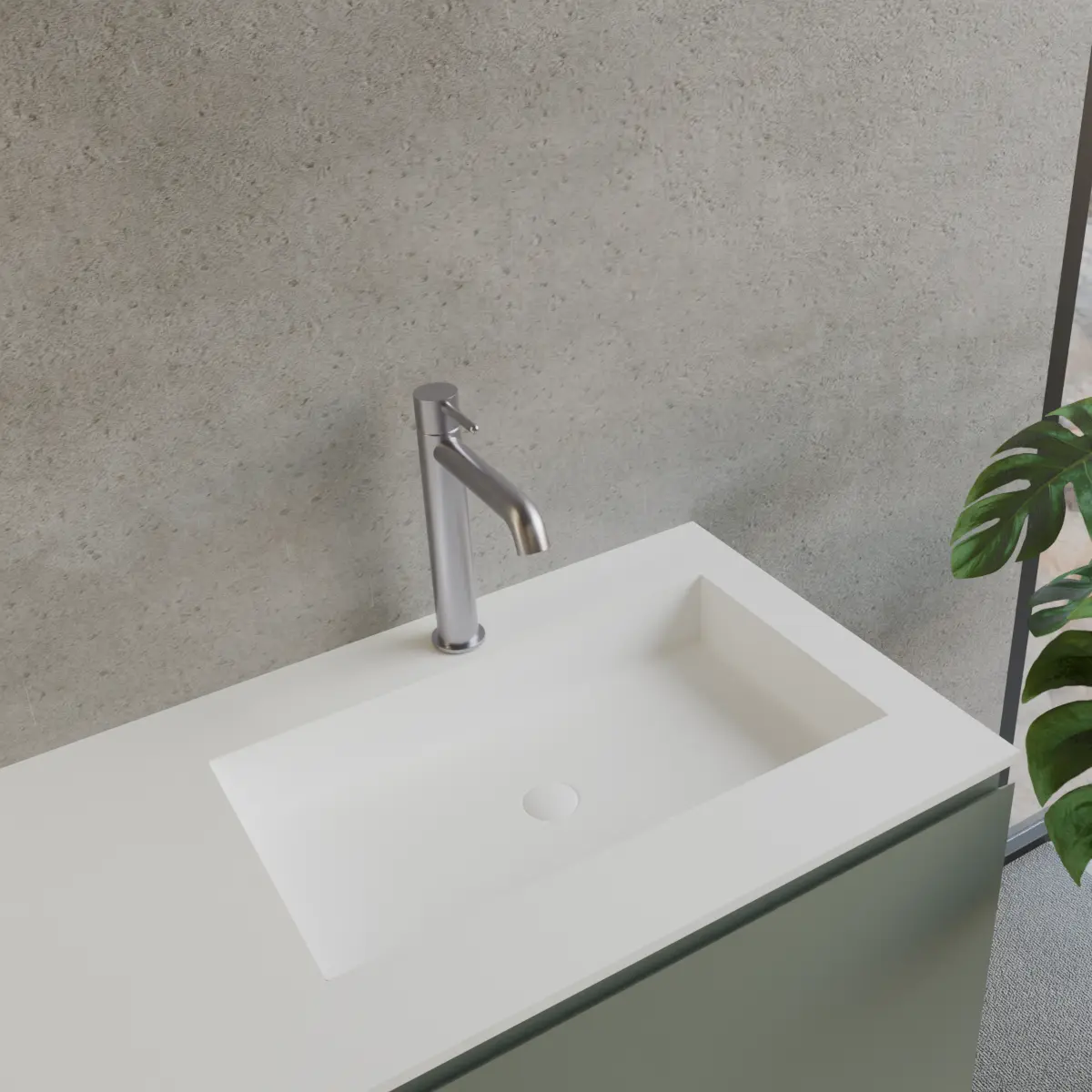 Meuble largeur 130cm, profondeur 46 cm, façades et structure en laqué mat fb47 green smoke, poignée A, vasque intégrée code article CUBIK B343 en  tecnoril blanc. Miroir avec cadre en bois, lumière LED supérieure et capteur tactile, finition stratifiée ou laquée mate assortie au meuble. Contactez-nous pour une couleur différente; épaisseur : 13 cm.