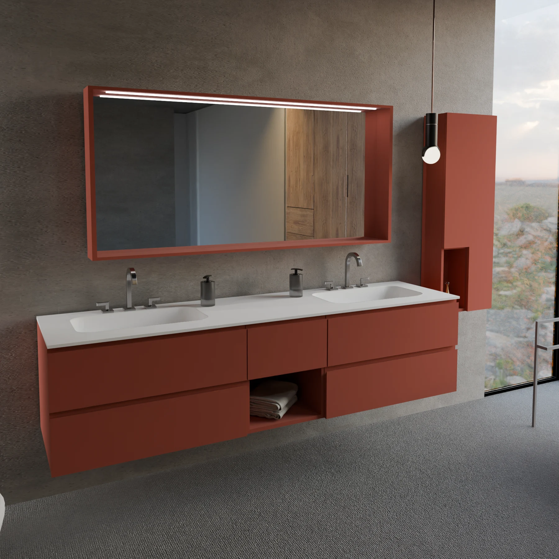 Meuble largeur 200 cm, profondeur 51 cm, façades et structure en laqué mat NCSS4040 Y80R, poignée A, vasque intégrée en tecnoril blanc. Miroir avec cadre en bois, lumière LED supérieure et capteur tactile, finition stratifiée ou laquée mate assortie au meuble. Contactez-nous pour une couleur différente; épaisseur : 13 cm.