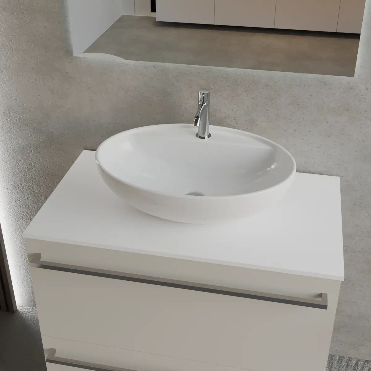 Meuble largeur 90cm, profondeur 51 cm, façades et structure en laqué mat RAL1013, poignée ALFA, top tecnoril blanc, vasque à poser code article SOFTLY60 en  ceramica blanc. Miroir rectangulaire avec éclairage frontal., également disponible avec rétroéclairage sur les 4 côtés et capteur tactile latéral en bas à droite; épaisseur : 2 cm.