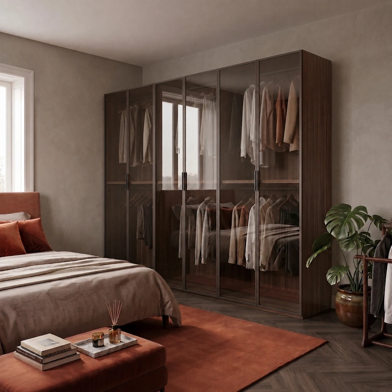 Wardrobe with reflex glass doors