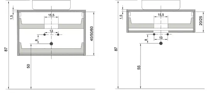 Drain position for units with countertop basin: measurements 15.5 - 13 - 8 - 87 - 50/55 - heights 40/50/60 - top 20/25