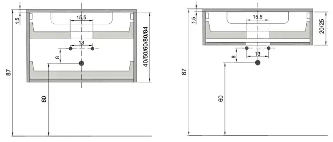 Drain position for units with integrated basin: measurements 15.5 - 13 - 8 - 87 - 60 - heights 40/50/60/80/84 - top 20/25