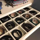 Tie & belt drawer: ivory-colored, only for modules with a width of 89 cm. 

It is equipped with a slow-motion system. The small integrated handle placed under the drawer, is a practical and time-saving accessory, also ideal for other personal items like scarves, gloves, earrings, bracelets, and more, ensuring easy access and a tidy wardrobe.