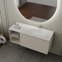 Cabinet width 130 cm, depth 51 cm, front and structure matt lacquered RAL1013, handle A, integrated sink soft B175 in tecnoril white. Round mirror, available without backlighting or with perimeter backlighting and a side touch sensor in the bottom right corner; thickness: 2 cm.