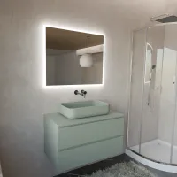 Cabinet width 90 cm, depth 51 cm, front and structure matt lacquered RAL7033, handle A, top tekhnos RAL7033, vessel sink in tekhnos RAL7033. Rectangular mirror with front LED lighting along the perimeter, electrical connection to be made to a wall switch; thickness 2 cm.