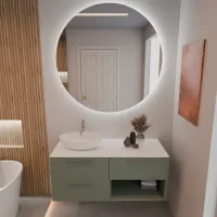 Cabinet width 120cm, depth 51 cm, front and structure matt lacquered FB 47 green smoke, handle U FB 47 green smoke, top tecnoril white, item code SOFTLY49 vessel sink in  ceramica white. Round mirror, available without backlighting or with perimeter backlighting and a side touch sensor in the bottom right corner; thickness: 2 cm.
