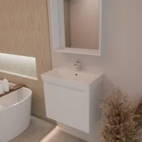 Mueble ancho 60 cm, profundidad 36 cm, frentes y cuerpo en lacado mate NCS S 0505 R80B, tirador F, lavabo integrado en Cerámica blanco. Espejo con marco de madera, luz LED superior y sensor tácti, acabado laminado o lacado mate a juego con el mueble. Contáctanos si prefieres otro color para el marco; grosor: 13 cm.