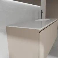 Cabinet width 120cm, depth 46 cm, front and structure matt lacquered FB 216 chemise, handle A , item code SHAPED B176 integrated sink in  tecnoril white. Rectangular mirror with front lighting, also available with four-sided backlighting and a side touch sensor in the bottom right corner; thickness: 2 cm.