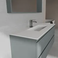 Möbel Breite 120cm, Tiefe 46 cm, Front und Korpus in matt lackiert RAL7012, Griff B , integriertes Waschbecken Artikelnummer VENERE B452 aus  tecnoril Weiss. Spiegel mit Holzrahmen, oberem LED-Licht und Touch-Sensor, laminat- oder matt lackierte Oberfläche passend zum Möbelstück. Für eine andere Rahmenfarbe kontaktiere uns; Stärke: 13 cm.