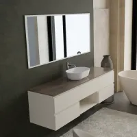 Cabinet width 170cm, depth 51 cm, front and structure matt lacquered RAL9001, handle A , top hpl ruggine, item code PF1340 vessel sink in  ocritech white. Rectangular mirror with front LED lighting along the perimeter, electrical connection to be made to a wall switch; thickness 2 cm.