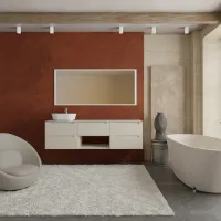 Mueble ancho 180 cm, profundidad 51 cm, frentes y cuerpo en lacado mate RAL1013, tirador F, top hpl argilla, lavabo sobre encimera en ocritech blanco. Espejo rectangular con iluminación LED frontal a lo largo del perímetro, conexión eléctrica a un interruptor de pared; grosor: 2 cm.