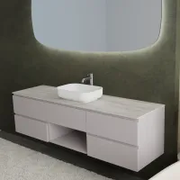 Cabinet width 180cm, depth 51 cm, front and structure matt lacquered NCS S 3005 R20B, handle A, top hpl argilla, item code PF1480 vessel sink in  ocritech white. Shaped mirror with rounded edges., available without backlighting or with four-sided backlighting and a touch sensor on the side in the bottom right corner; thickness: 2.5 cm.