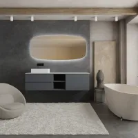 Cabinet width 190cm, depth 51 cm, front and structure matt lacquered RAL7015, handle A, top tecnoril white, item code CITY29 vessel sink in  tecnoril white. Shaped mirror with rounded edges., available without backlighting or with four-sided backlighting and a touch sensor on the side in the bottom right corner; thickness: 2.5 cm.