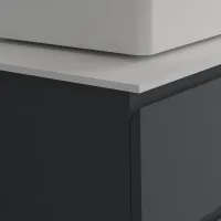 Cabinet width 190cm, depth 51 cm, front and structure matt lacquered RAL7015, handle A, top tecnoril white, item code MINIM-A vessel sink in  tecnoril white. Shaped mirror with rounded edges., available without backlighting or with four-sided backlighting and a touch sensor on the side in the bottom right corner; thickness: 2.5 cm.