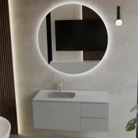 Cabinet width 120cm, depth 51 cm, front and structure matt lacquered RAL7042, handle B, item code GLOBO B224A integrated sink in  tekhnos RAL7042. Round mirror, available without backlighting or with perimeter backlighting and a side touch sensor in the bottom right corner; thickness: 2 cm.