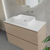 Cabinet width 120 cm, depth 51 cm, front and structure nobilitato olmo naturale, handle A, top tecnoril white, vessel sink in tecnoril white. Round mirror, available without backlighting or with perimeter backlighting and a side touch sensor in the bottom right corner; thickness: 2 cm.