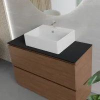 Cabinet width 120 cm, depth 51 cm, front and structure nobilitato olmo siena, handle A, top tekhnos RAL9005, vessel sink in Ceramic white. Round mirror, available without backlighting or with perimeter backlighting and a side touch sensor in the bottom right corner; thickness: 2 cm.